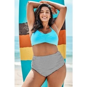 Sky Blue And Stripe Print Plus Size Bikini